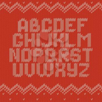 Knitted alphabet on red background. Christmas crochet font on knitted classic ornament pattern. All the letters are on different layers, it is convenient to produce words and sentences