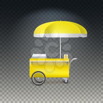 Yellow fast food hot dog cart. Street food market, trolley stand vendor service. Kiosk fast food business. Vector icon on transparent background, isolated object
