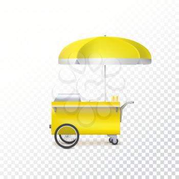 Yellow fast food hot dog cart. Street food market, trolley stand vendor service. Kiosk seller fast food business. Vector icon on transparent background, isolated object