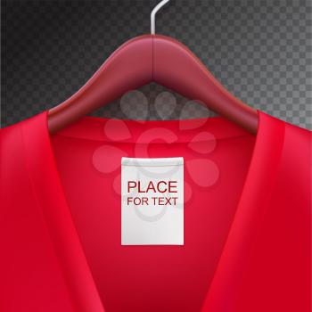 Jacket with label hanging on a hanger. Clothes hanger with red jacket on trasparent background. The template for your design or advertising messages.