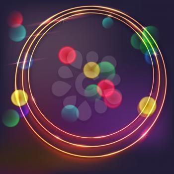 Sparkling golden glow rings, frame with light effect on dark background. Spark with ring glossy line, abstract vector composition. Great backdrop for the presentation, cover book or invitation cards