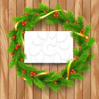 Traditional Christmas wreath made of green fir branches with red berries of viburnum, Golden ribbon on a wooden background. Vector, editable illustration