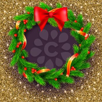 Traditional Christmas wreath made of green fir branches with red berries of viburnum, Golden ribbon and red bow on a glittering background. Vector, editable illustration
