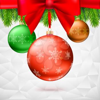 Gold Christmas balls with green fir branches and bow on the background made of triangles. Realistic vector bright ball with snowflakes and red ribbon, editable eps 10