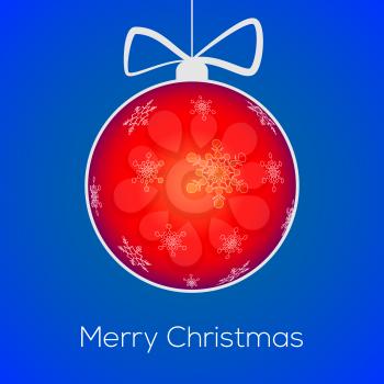 Christmas ball cut from paper with snowflakes on blue background with Merry Christmas text. Easily editable Greeting card template for your congratulations