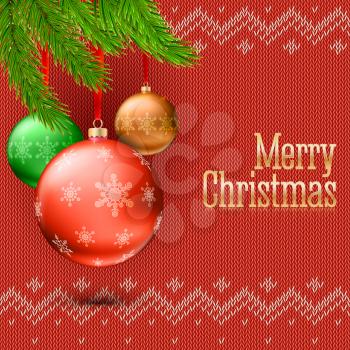 Colored Christmas balls, pine branches and gold metal letters Merry Christmas with reflections and glare. 3D illustration, template, blank greeting cards with new year and Christmas