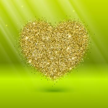 Icon of Heart with gold sparkles and glitter, glow light, bright sequins, sparkle tinsel, shimmer dust. Heart sign isolated on green background