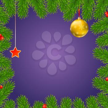 Christmas background with fir branches, red viburnum berries, Christmas balls, beads, a red star with ash trim, New Year ornaments and streamers on blue background, template for greeting cards.