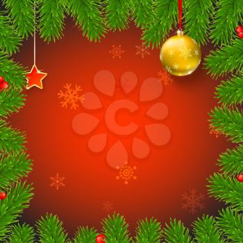 Christmas background with fir branches, red viburnum berries, Christmas balls, beads, a red star with ash trim, New Year ornaments and streamers on red background with place for your text.