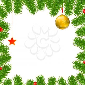 Christmas background with fir branches, red viburnum berries, Christmas balls, beads, a red star with ash trim, New Year ornaments and streamers on white background, template for greeting cards.