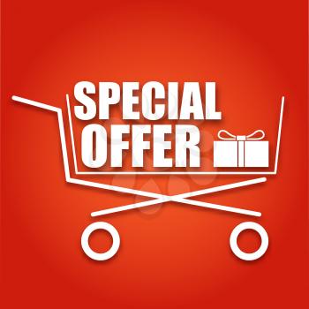 Special offer sale banner. Shopping cart on red background, the symbol of sale, vector illustration for your design