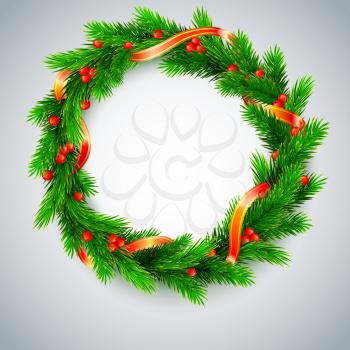 Traditional Christmas wreath made of green fir branches with red berries of viburnum, Golden ribbon on a white background. Vector, editable illustration