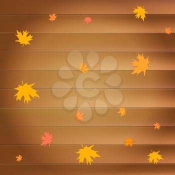 Happy thanksgiving day greeting card with falling yellow maple leaves on wooden planks background for flyer, poster and other design.
