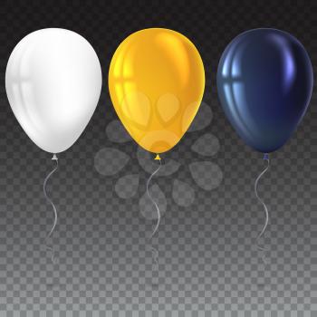 Inflatable air flying balloons isolated on transparent background. Close-up look at black, white and yellow balloons with reflects. Realistic 3D vector illustration