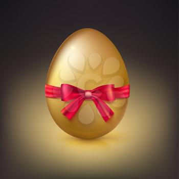Golden egg, Realistic Ester egg with red ribbon and bow vector illustration. Party invitation template on dark background.
