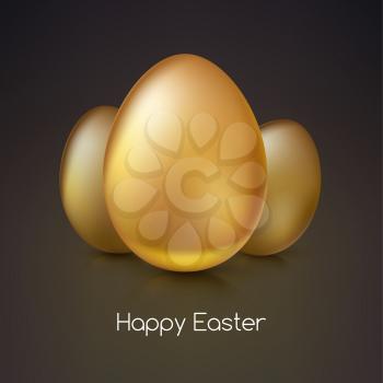 Golden eggs, Realistic Ester egg with reflections and reflexes, volumetric 3D vector illustration. Party invitation template. Perfect for greeting card or elegant party invitation.