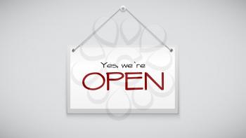 Open sign board hanging on the white wall. Vector illustration. Sign with information welcoming shop visitors.