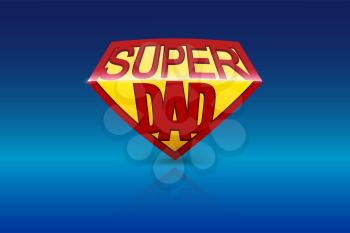Super dad shield, yellow and red color greeting card with place for text on blue background. Editable vector 3D illustration with shadow