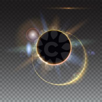 Solar eclipse, abstract light-rays of light. Blurred light rays and lens flare backdrop. Star burst with sparkles. The planet covering the Sun. Isolated on transparent background.