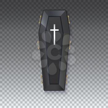 Coffin icon with a metal crucifix and handles on an isolated transparent background - 3D illustration. Elegant black coffin with glare and yellow handles. Sign of the Halloween holiday.