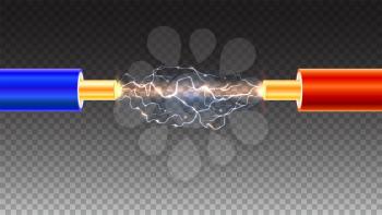 Electric cable with sparks on transparent background. Copper electrical cable in colored insulation and electrical arc between the wires. Backdrop for presentation or advertising.