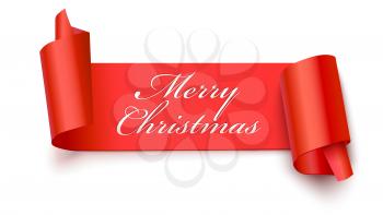 Christmas red banner with greeting text, 3D illustration. New year banner on white backdrop. Realistic red ribbon with wrapped corners.