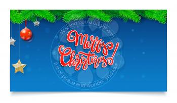 Merry Christmas, calligraphic lettering on banner with fir branches, Christmas ball and stars. Falling snowflakes on backdrop. Design for posters, print design, creative arts. 3D illustration.