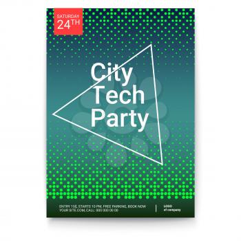 Poster design with abstract halftone dots pattern. Mock-up of City Techno Party event with text template, A4 size. Vector template of poster, design layout for brochure, banner, flyer