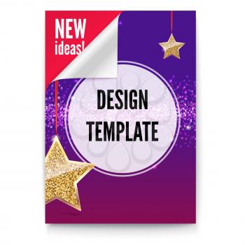 Layout template in A4 size, business brochure, flyer design, Paper poster with gold stars and glittering shine on backdrop, isolated on white background, 3D illustration with place for text.