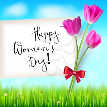 Happy women day, greetings card. Pink tulips on the blue summer sky backdrop. Green grass and white clouds. Hand-drawn inscription. Template for your invitation, cover or greetings.
