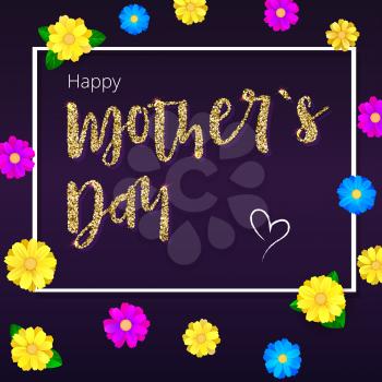 Happy Mother day. Greeting banner, gold glitter, white frame for your congratulations cards. Realistic colorfull, bright, spring flowers on dark backdrops. Ready for your beloved mother.