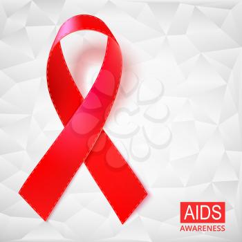 Realistic red ribbon vector illustration on white background made of triangles. Symbol of AIDS, HIV, heart disease, stroke awareness sign.