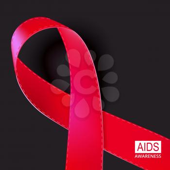 Realistic red ribbon vector illustration on black background. Symbol of AIDS, HIV, heart disease, stroke awareness sign.