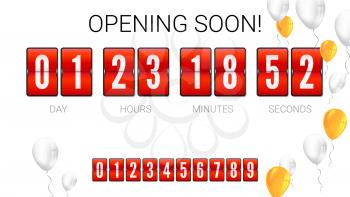 Opening soon, analog flip clock timer, card with flying up inflatable balloons. Template of countdown timer, clock counter. Red mechanical clock for countdown with set of numbers, 3D illustration.
