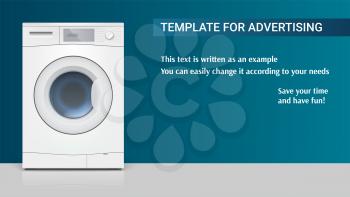 Template with washing machine for advertisement on horizontal long backdrop. Icon of realistic white washing machine, front view. 3D illustration with an example of design of your message