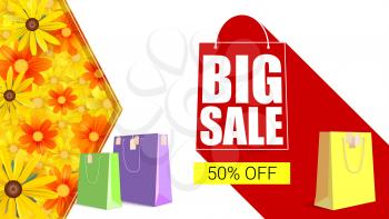 Big sale shopping bag with long shadow. Selling banner, discount fifty percent on yellow button backdrop with colored shopping bags. Horizontal template, with yellow field of camomile flowers, daisy.