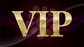 Golden symbol of exclusivity, the label VIP with glitter. Very important person - VIP icon on elite, abstract a wave of smoke background, luxury card. Template for vip banners, invitation or cover.