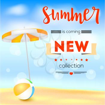 Selling ad banner, vintage text design. Summer, new collection is coming. The sandy beach background with sun umbrella and bouncy ball. Template for online shopping, advertising actions.