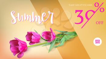 Sale, summer sale, get your discount. Horizontal ad with a bouquet of tulips on colored background. Template for shopping, advertising, percentage of discounts, flyers, invitation, posters, brochure.