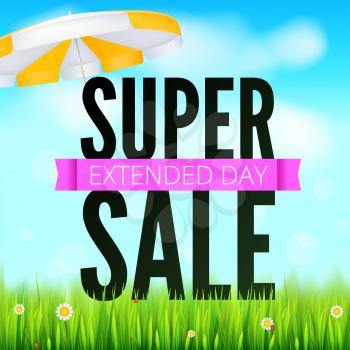 Summer selling ad banner, vintage text design. Holiday discounts, extended day super sale background with yellow sun umbrella, green field, white clouds and blue sky.
