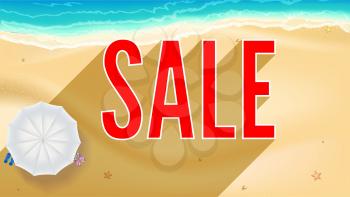 Sale, big letters with long shadow on beach and seashore backdrop. Sand of beach on the seashore. Horizontal selling ad banner, Umbrella, beach slippers near the waves of sea.