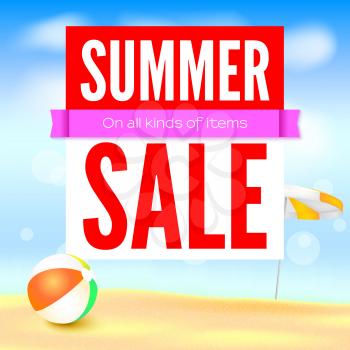 Selling ad banner, vintage text design. Fifty percent summer hot discounts, The sandy beach background with sun umbrella and inflatable ball. Template for online shopping, advertising actions.