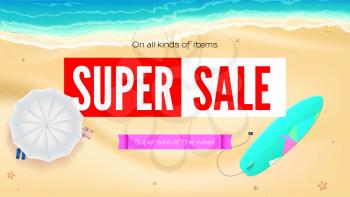 Summer sand of beach on the seashore. Selling ad banner. Summer super vacation discounts. Umbrella, beach Mat and slippers, surfboard near the waves of sea. Summer sale horizontal background.