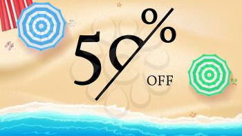 Selling ad banner, vintage text design. Fifty percent summer vacation discounts, sale background of the sandy beach and the sea shore. Template for online shopping, advertising actions.