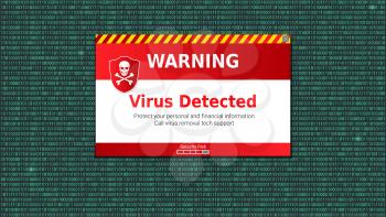 Virus detected, alert message. Scanning and identifying computer virus inside binary code listing. Warning message above area of the code with computer virus.