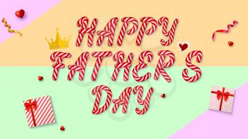 Happy Father s Day greeting card. Gift boxes and red hearts on colored background. Top view, concept of flat lay. Vector 3D illustration