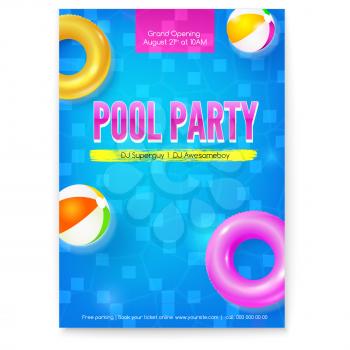 Invitation on summer party in swimming pool. Poster with design of text. Top view on pool with blue water inflatable balls and circles. Vector template for leaflets. Template for leaflets, banners.