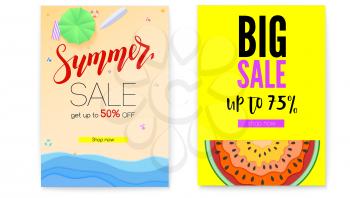 Get up discount, summer offer for shopping. Set of posters, summer sale offer. Big sale, bright banner with half past of watermelon. Seashore, sandy beach with deckchairs, sun umbrellas