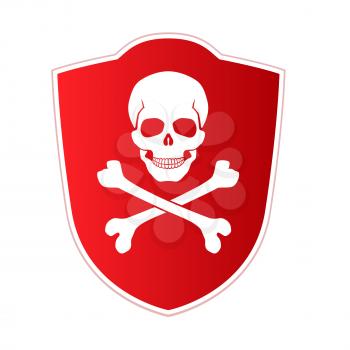 Red shield with emblem of death and danger. Skull and crossed bones on red background. Vector icon, illustration isolated on white.