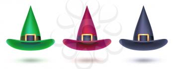 Set of witch hat. Colored design elements for Halloween events, 3d illustration. Vector halloween symbol isolated on white for covers, leaflets, banners